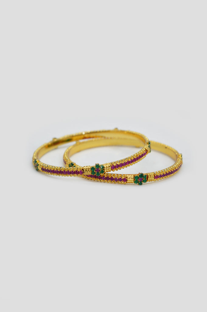 Gold Plated Stone Bangle Pair with Green and Purple Stones - Fancy Bangles Online Shopping