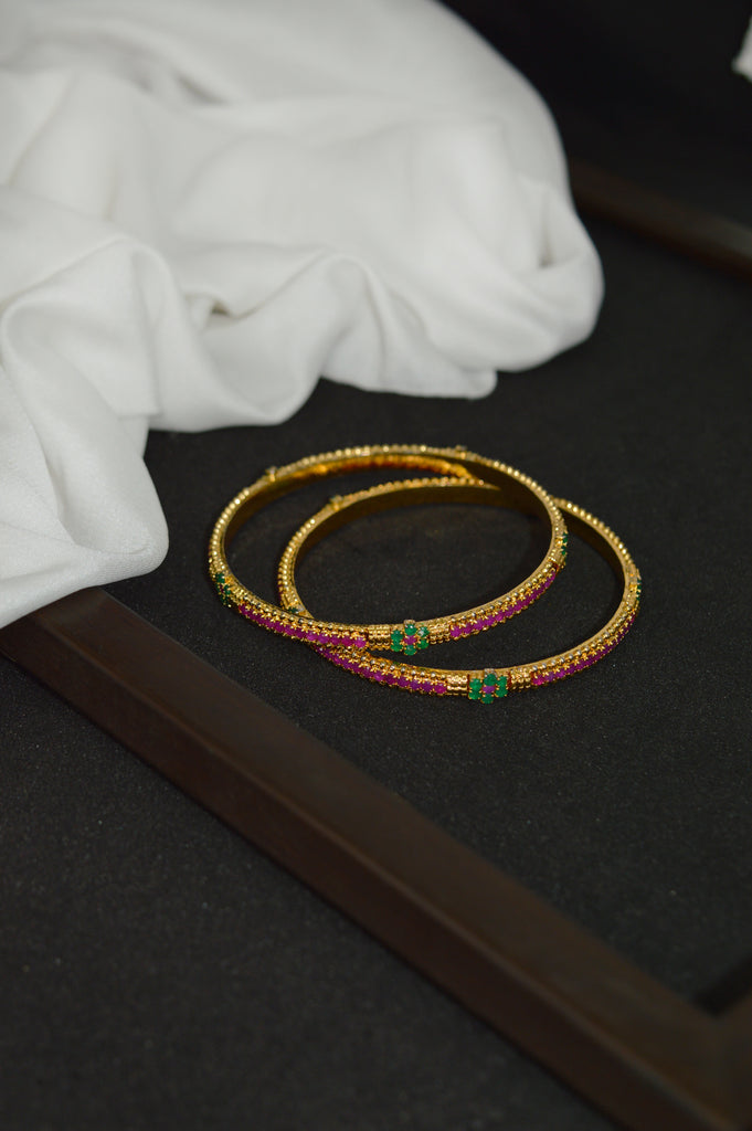 Gold Plated Stone Bangle Pair with Green and Purple Stones - Gold Bangles Price