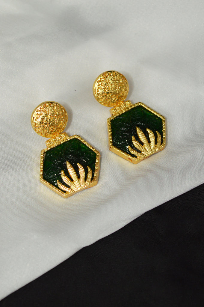 Handcrafted Gold Plated Deep Green Stone Earrings - Stone Earrings Design