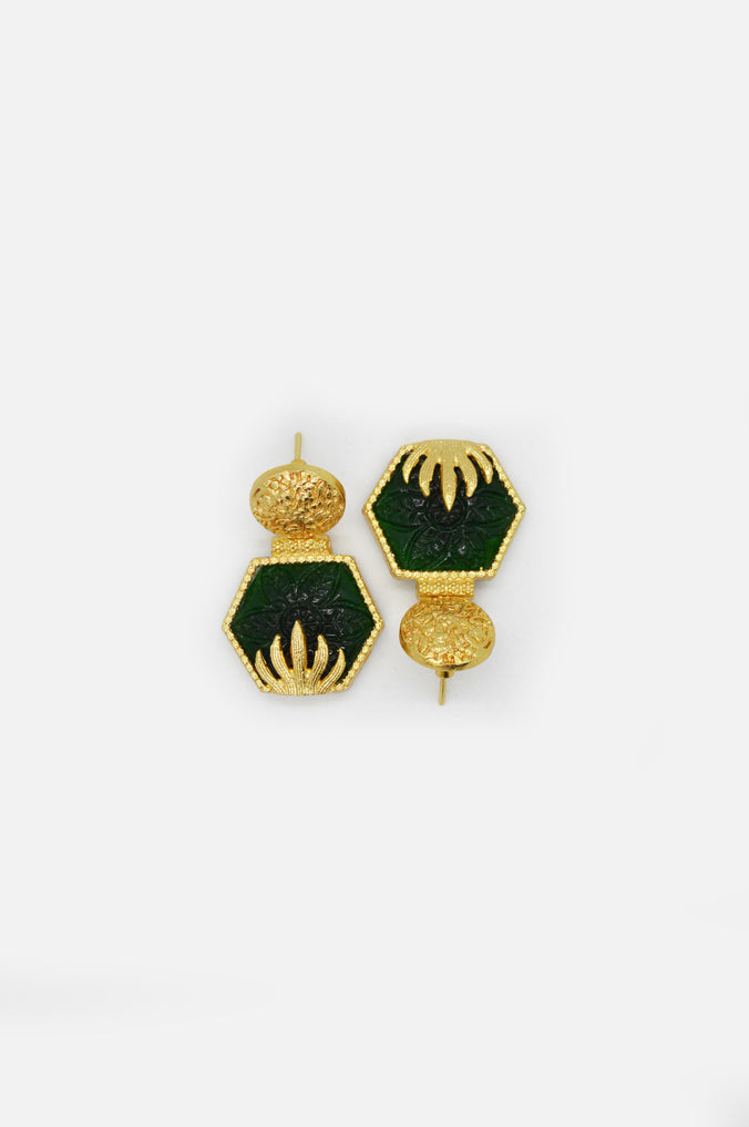 Handcrafted Gold Plated Deep Green Stone Earrings for Women - Gold Stone Earrings Designs for daily use