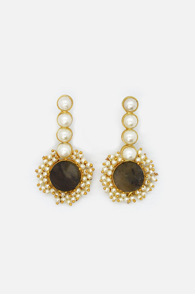 Brown Druzy Stone Studded Pearl Earrings