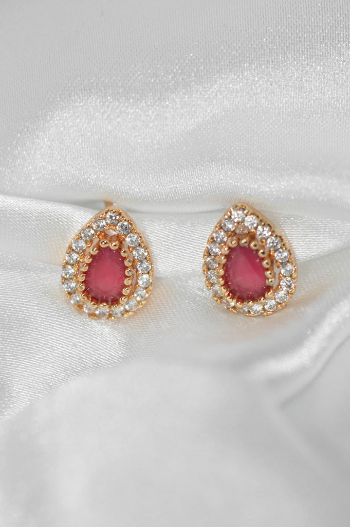 Water Drop Pink Stone Studded American Diamond Stud Earring- American Diamond Stud Earring