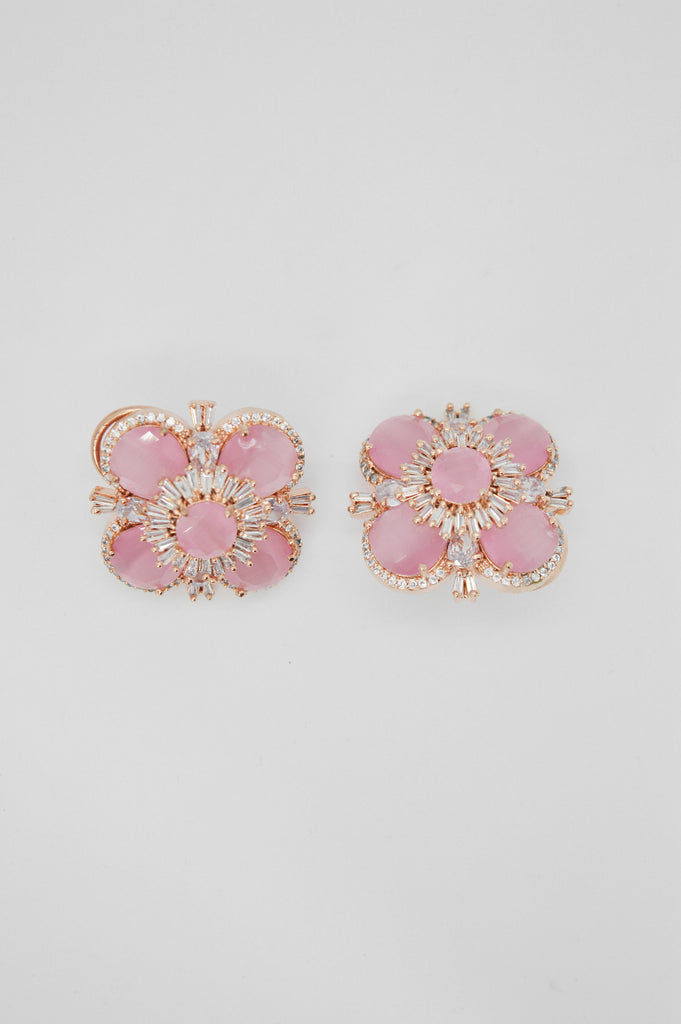 Flower Shaped Pink Stone Studded American Diamond Earring -  Earrings