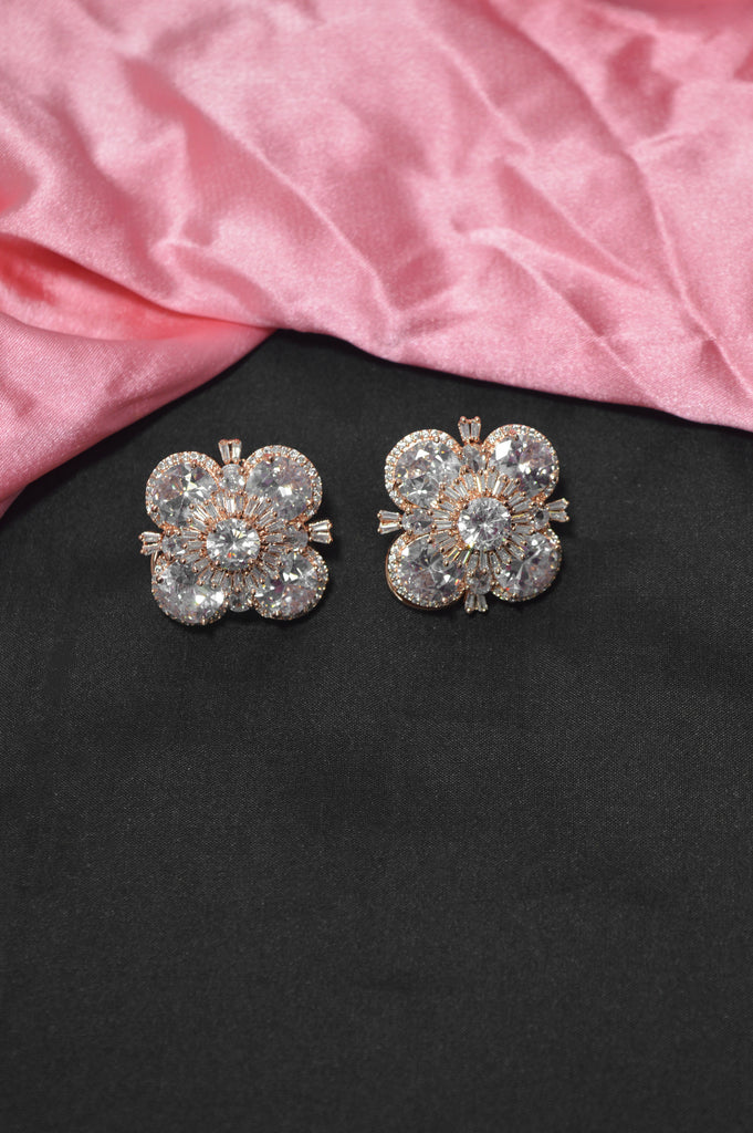 Flower Shaped American Diamond Gold Plated Earrings - Niscka