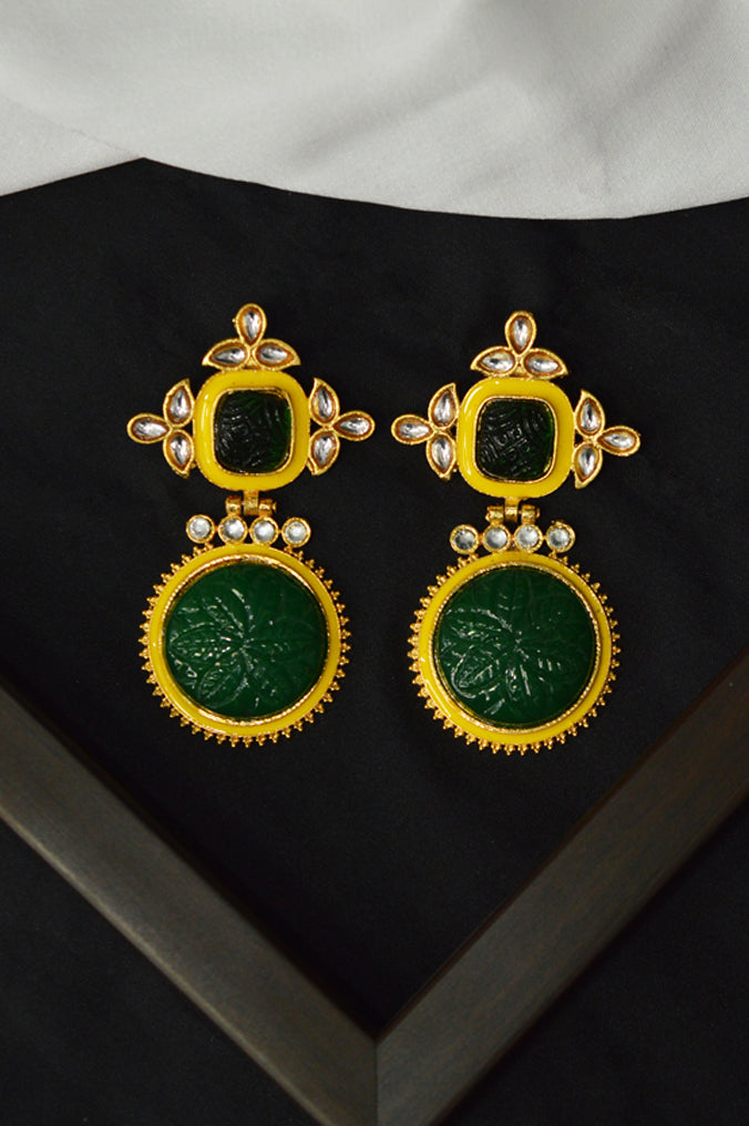 Phthalo Green Onyx Gold Plated Kundan Earrings - Niscka