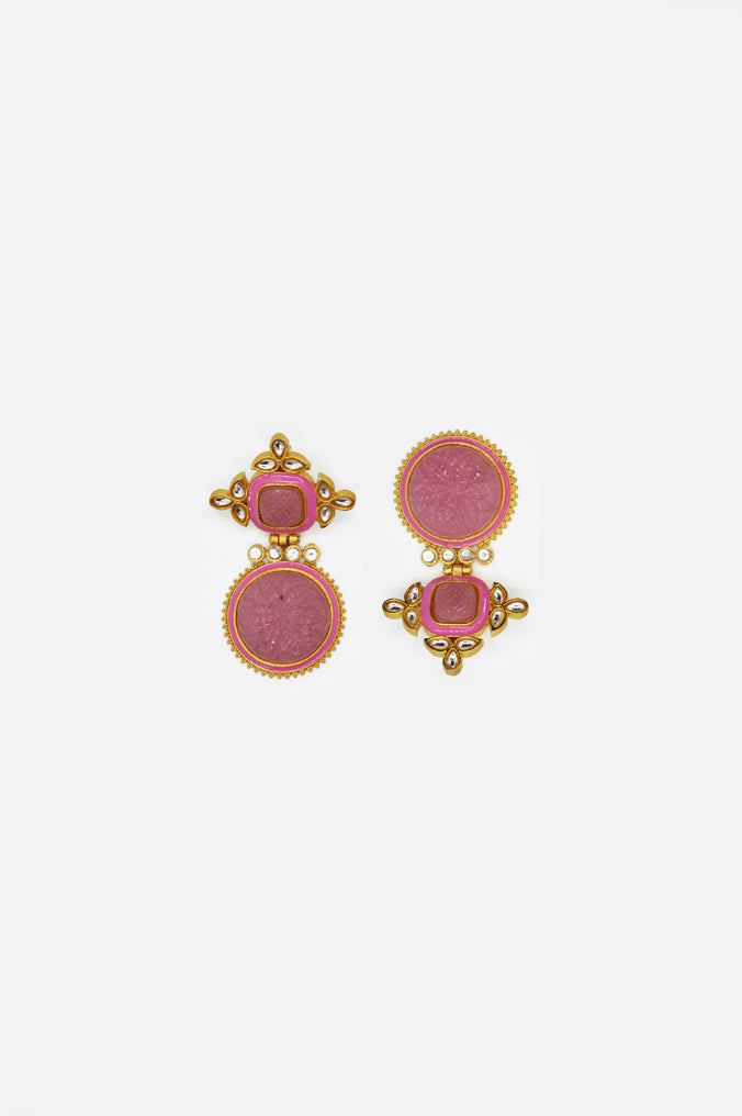 Flamingo Pink Onyx Gold Plated Kundan Earring - Niscka