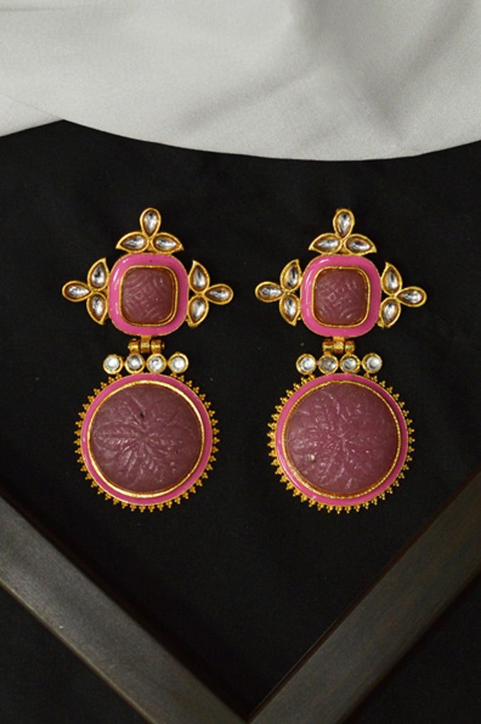 Flamingo Pink Onyx Gold Plated Kundan Earrings Jhumkas - Niscka