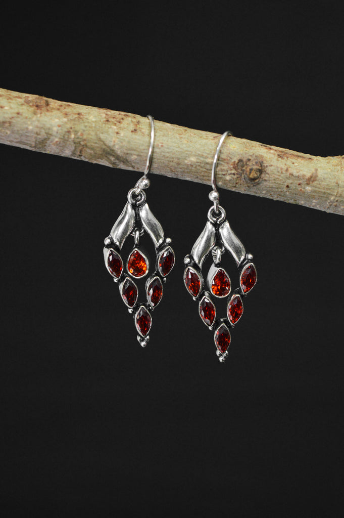 Red Stone Studded Silver Oxidized Dangler Earrings