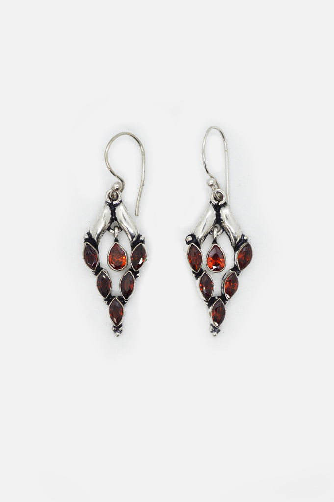 Red Stone Studded Silver Oxidized Dangler Earrings for Women