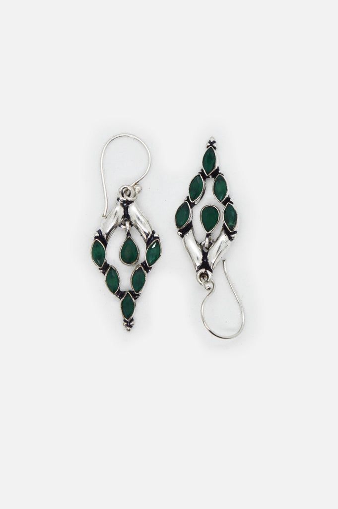 Green Stone Studded Silver Oxidized Dangler Earrings for Women