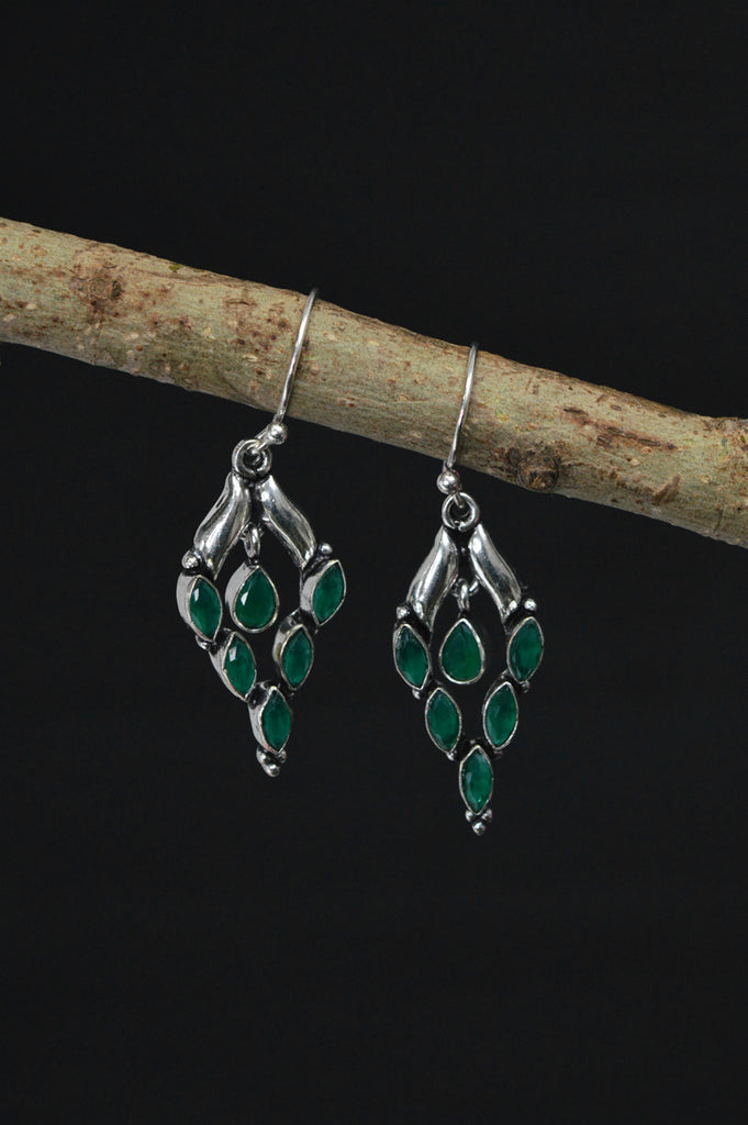 Green Stone Studded Silver Oxidized Dangler Earrings