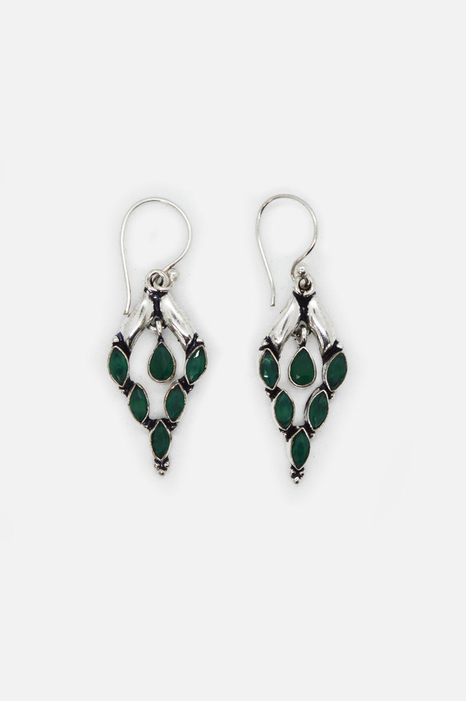 Green Stone Studded Silver Oxidized Dangler Earrings Online