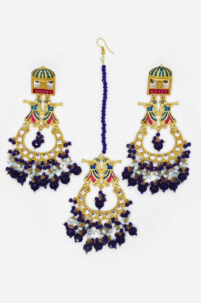 Blue Beaded Kundan Gold Plated Earring Maangtikka Set - Niscka