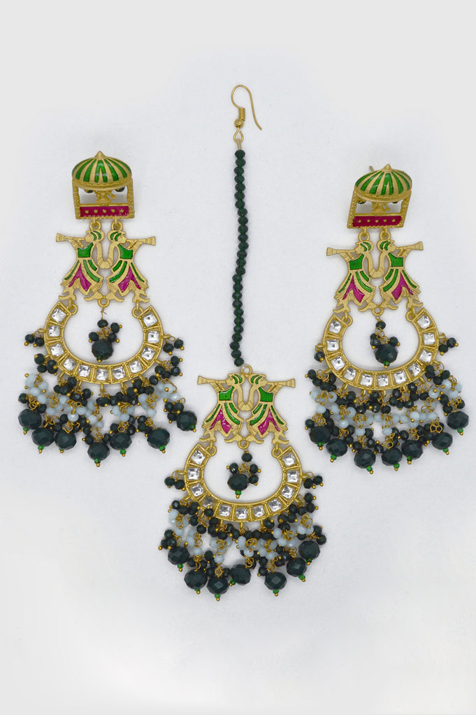Bottle Green Beaded Kundan Gold Plated Earring Maang Tikka Set - Earrings with Maang tikka with price