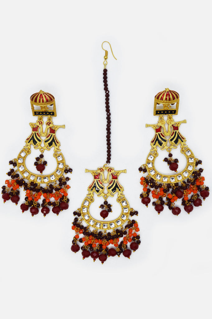 Royal Red Beaded Kundan Gold Plated Earring Maang Tikka Set - Buy Tikka Jewellery Earrings online 