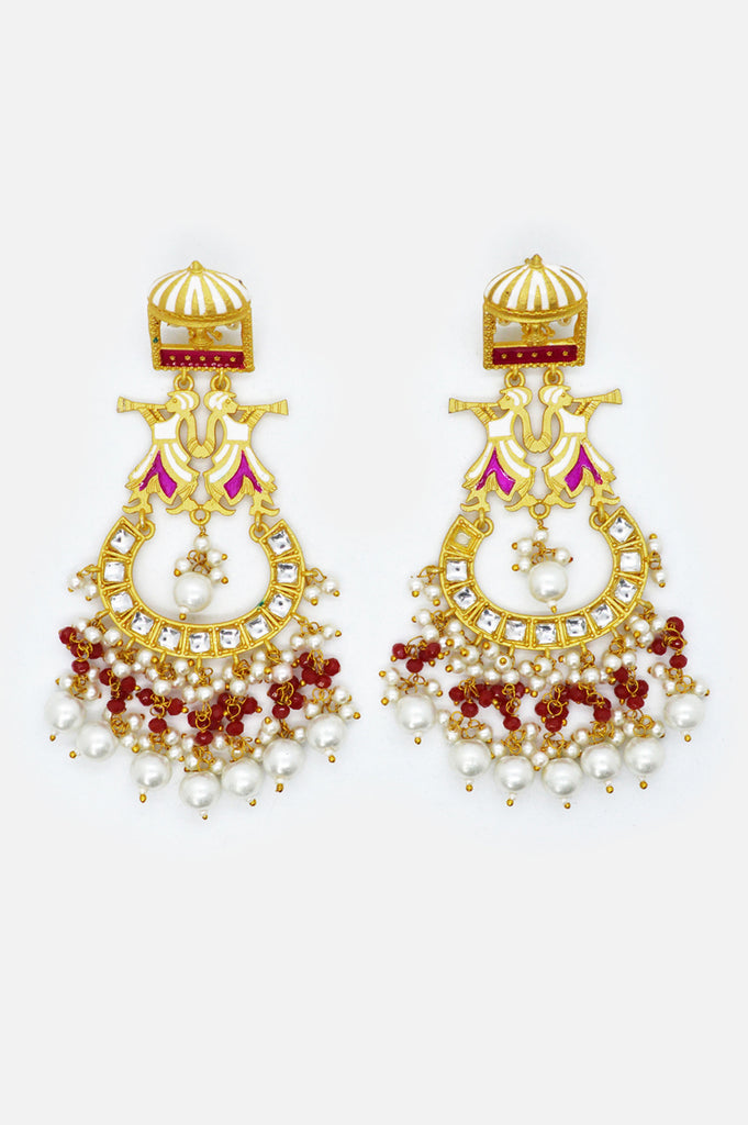 White Beaded Kundan Gold Plated Earring Maang Tikka Set - Maang Tikka Earrings