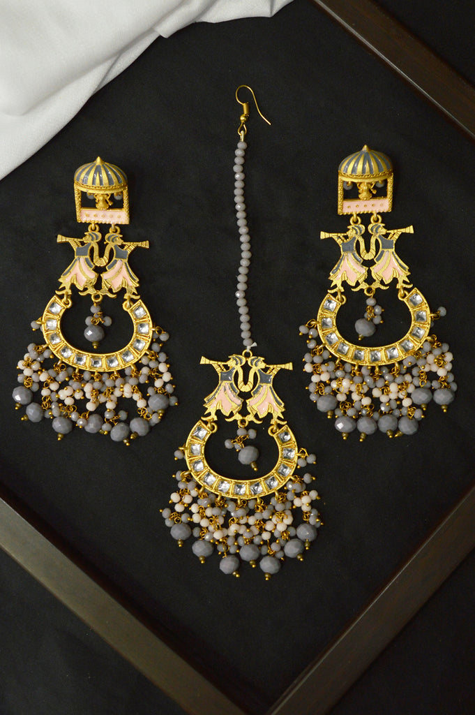 Grey Beaded Kundan Gold Plated Earring Maang Tikka Set - Maang tikka with Earrings online