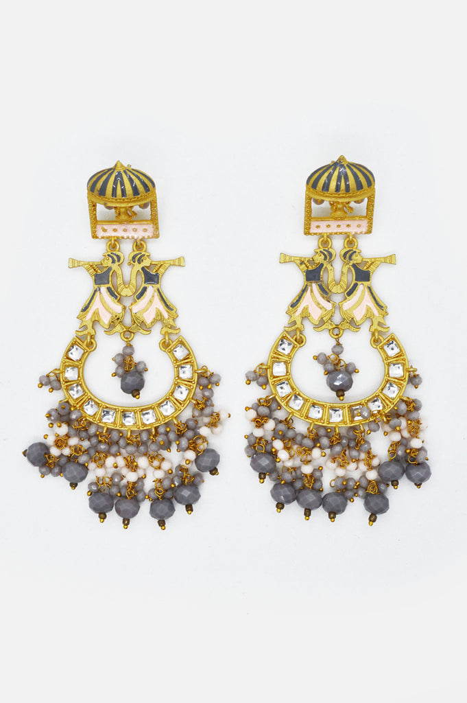 Grey Beaded Kundan Gold Plated Earring Maang Tikka Set - Niscka 