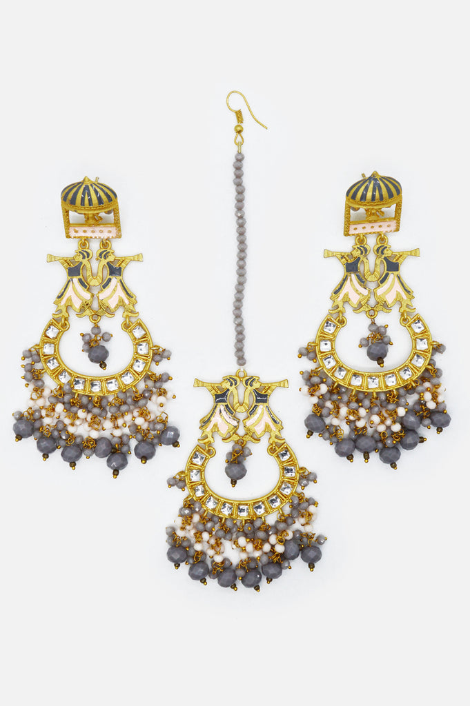 Grey Beaded Kundan Gold Plated Earring Maang Tikka Set - Earrings with Maang tikka with price