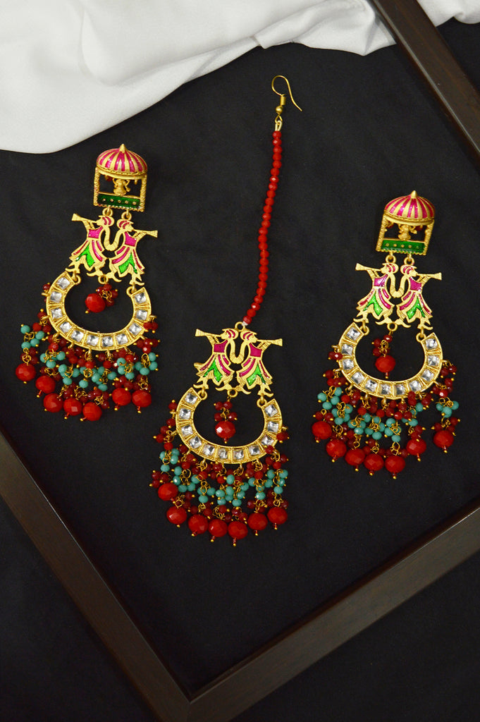 Red Green Beaded Kundan Gold Plated Earring Maang Tikka Set - Maang tikka with Earrings online