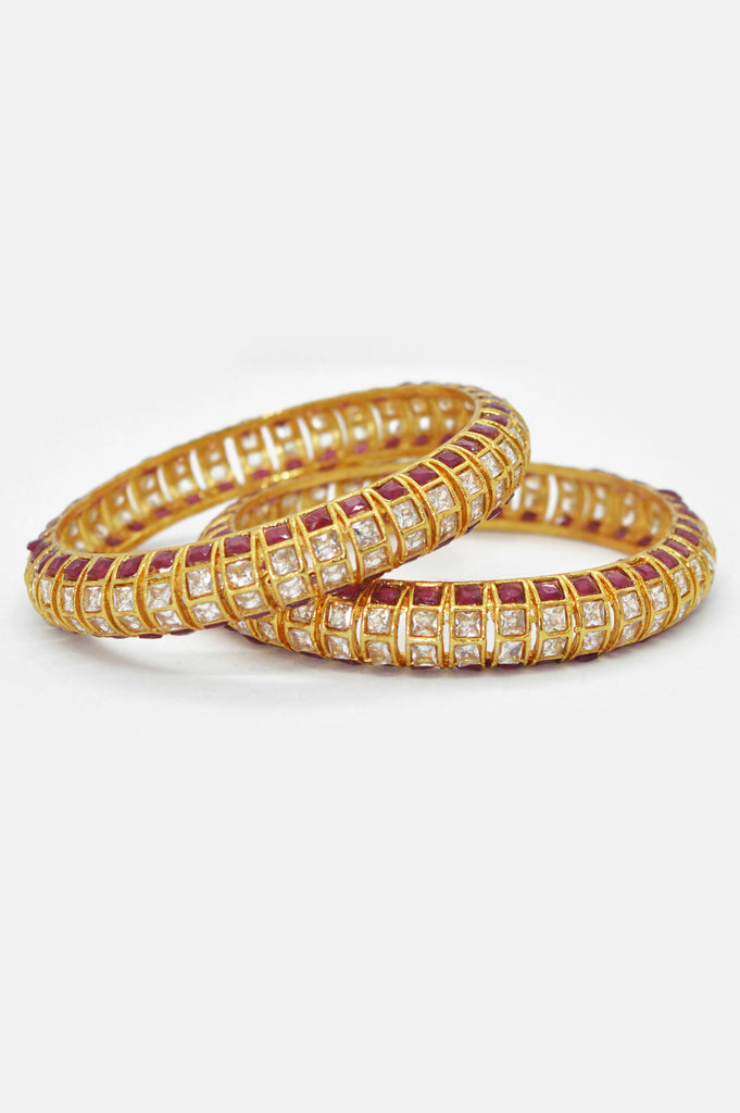 Gold Plated Handcrafted Kudan and Ruby Stones Studded Bangles - Fancy Bangles