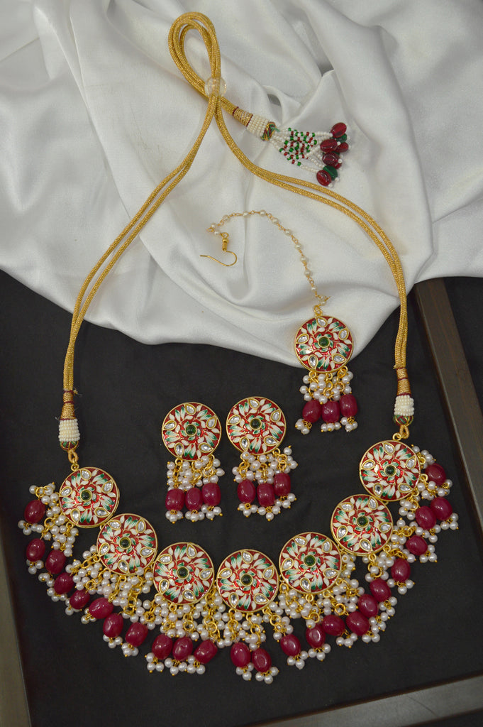 Red Colour Meenakari Necklace Set with Maangtikka & Earrings - Niscka