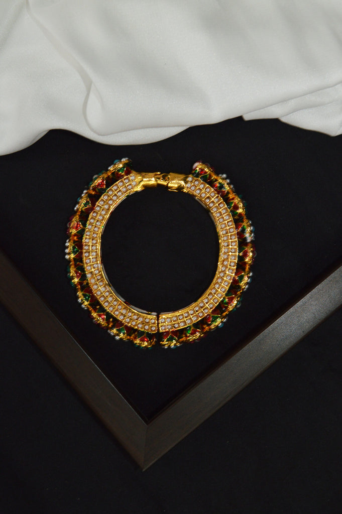 Gold Plated Multi-Stone Pacheli Openable Kada/Bangles for Women - Pacheli Style Openable Pearl Kada Bangle