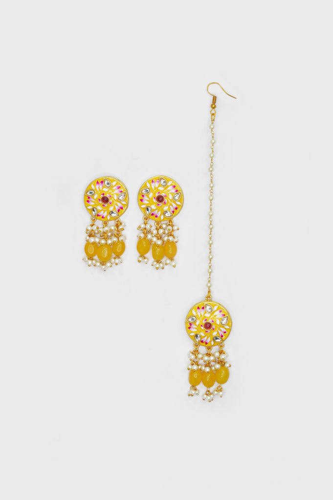 Yellow Color Meenakari Stylish Earing with Mangtika - Buy Indian Necklace Jewelry Set Online