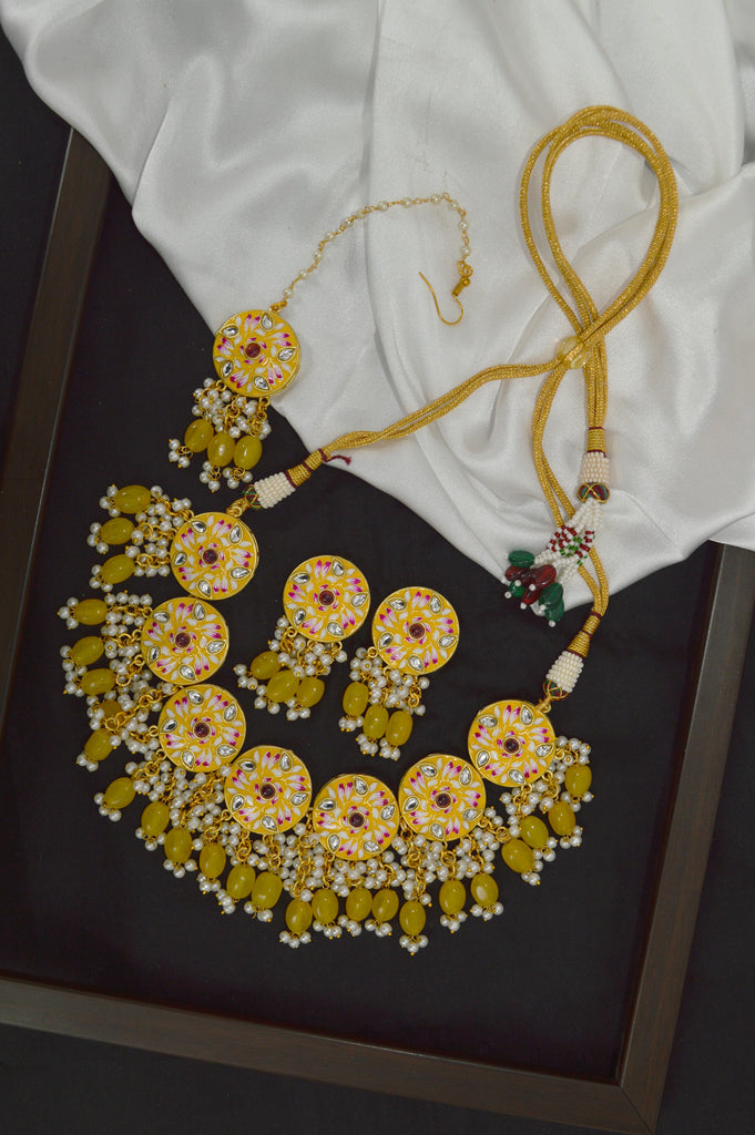 Yellow Color Meenakari Necklace Set - Moti Set Necklace -  Indian Necklace Sets