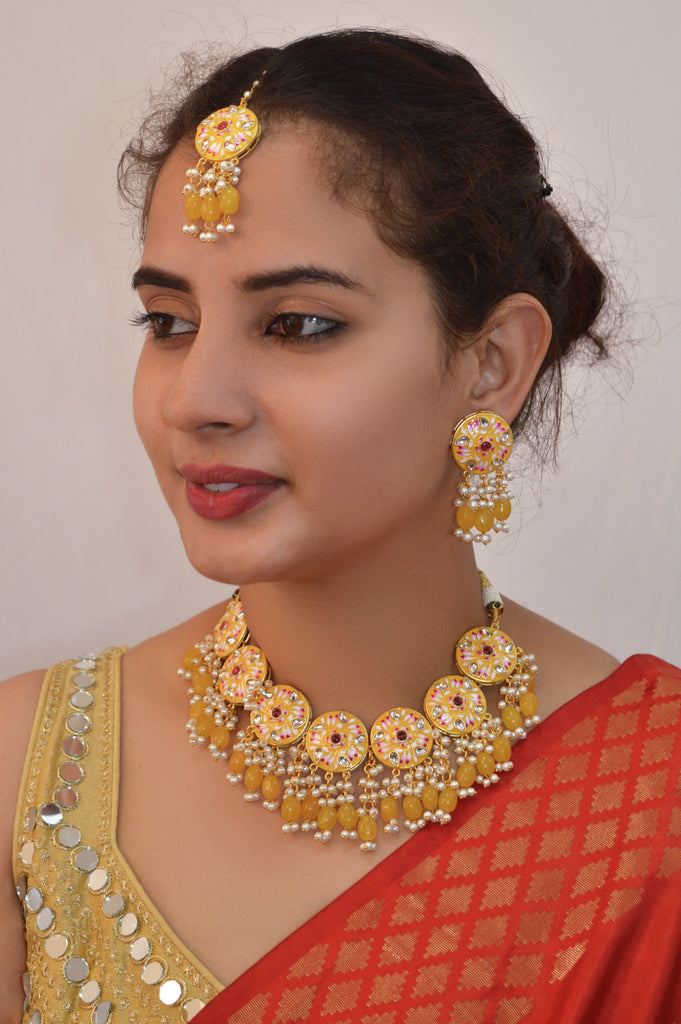 Yellow Color Meenakari Necklace Set with Maangtikka and Earring - Modern Necklaces