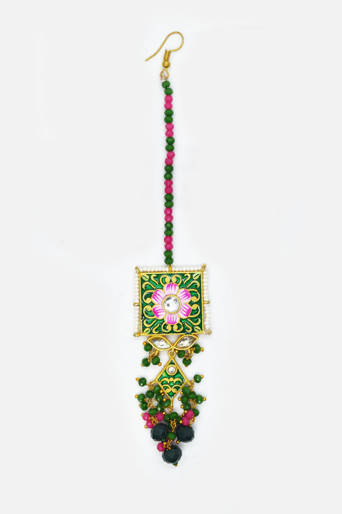 Antique Emerald Floral Meenakari Maang Tikka Online 