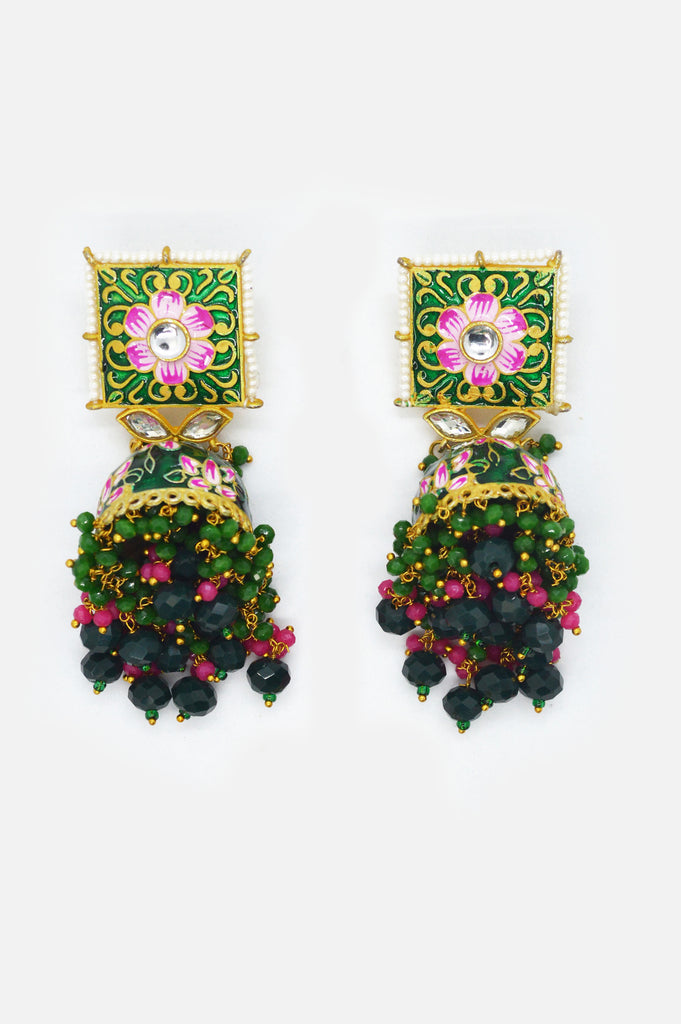Antique Emerald Floral Meenakari Jhumka Online 
