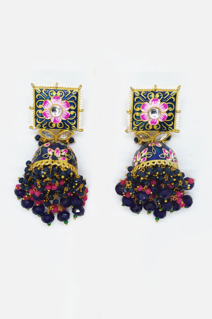 Dark Blue Nile Jewellery Kundan and Meenakari Set of Earring Online 