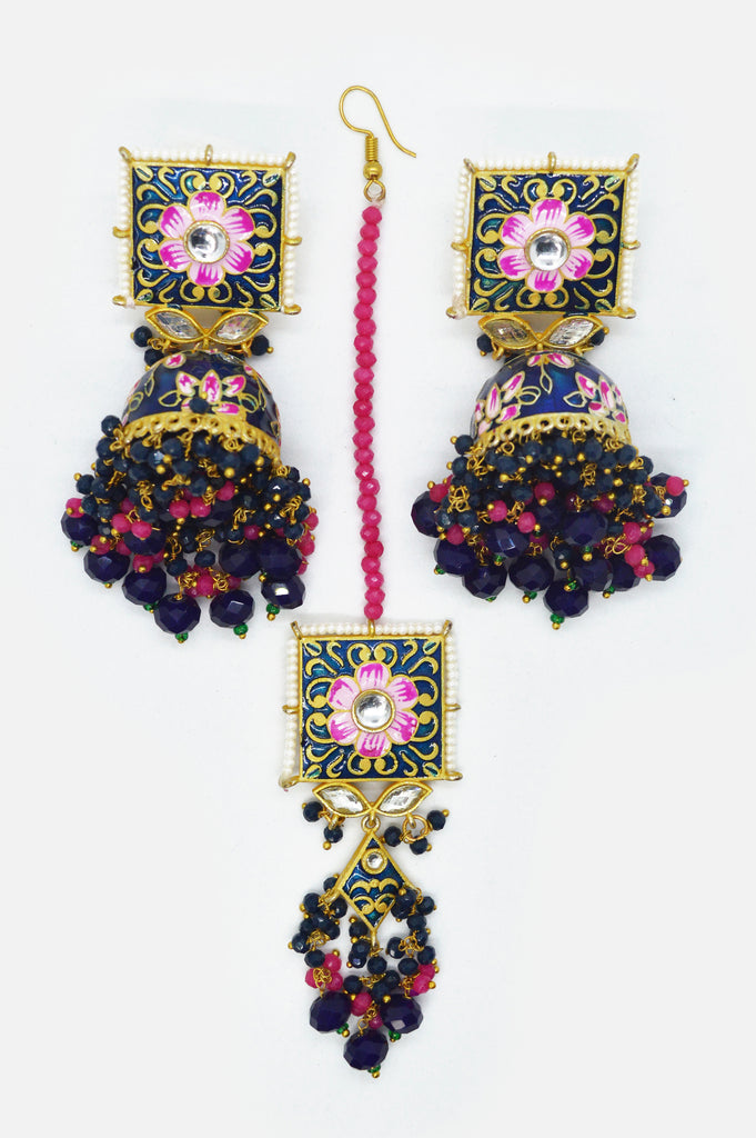 Dark Blue Nile Jewellery Kundan and Meenakari Set of Earring and Maangtikka Online - Stylish Maang tikka