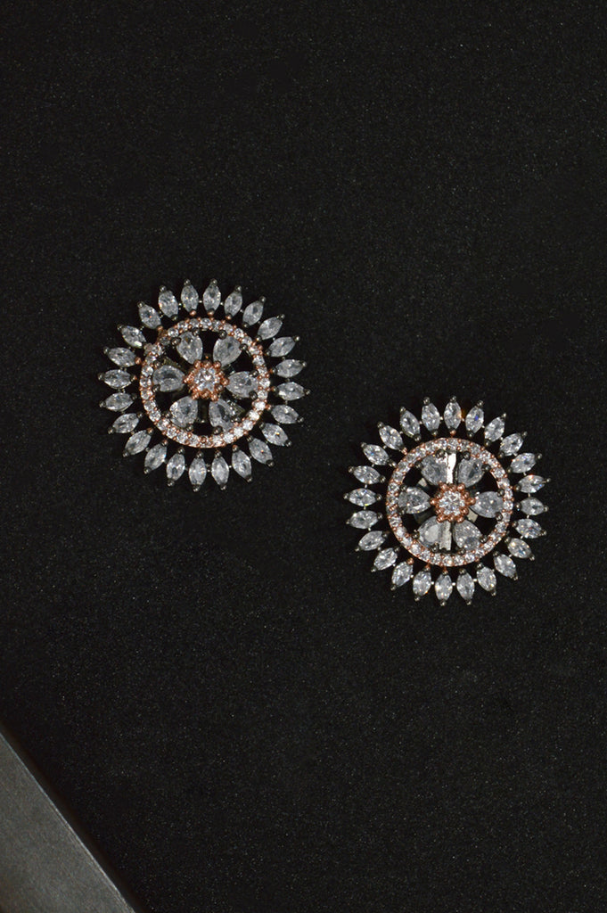 Floral Rose Gold Plated American Diamond Studs Earrings - Earrings for Women