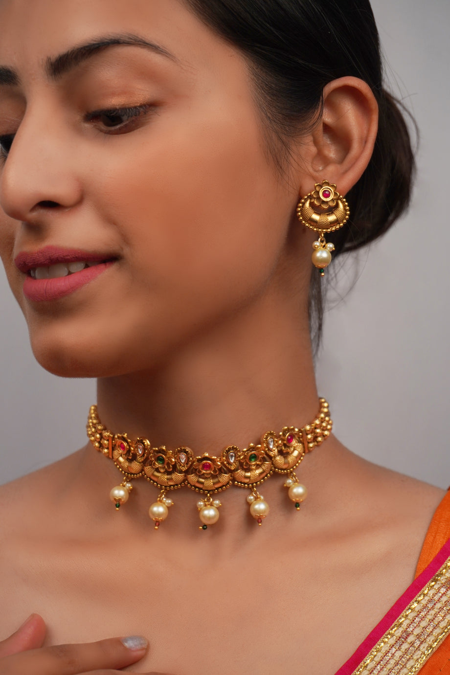 Gold Traditional Pearl Choker Necklace Set-Gold Choker Necklace