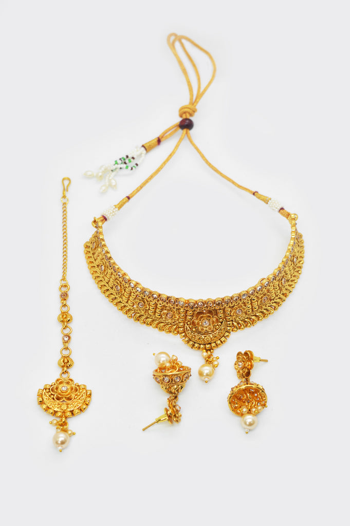 Traditional 18k Gold Plated Choker Necklace Set - Sadi Jewellery - Choker Necklace set below 1000