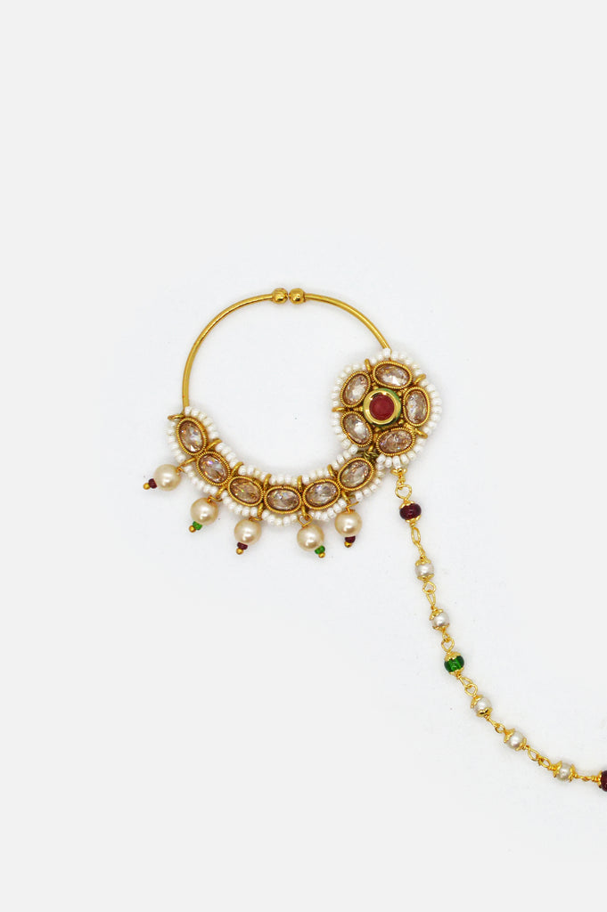 Handcrafted Traditional Nathiya Studded with Pearls for Women - Artificial Nathiya - Gold Nathiya design image with price