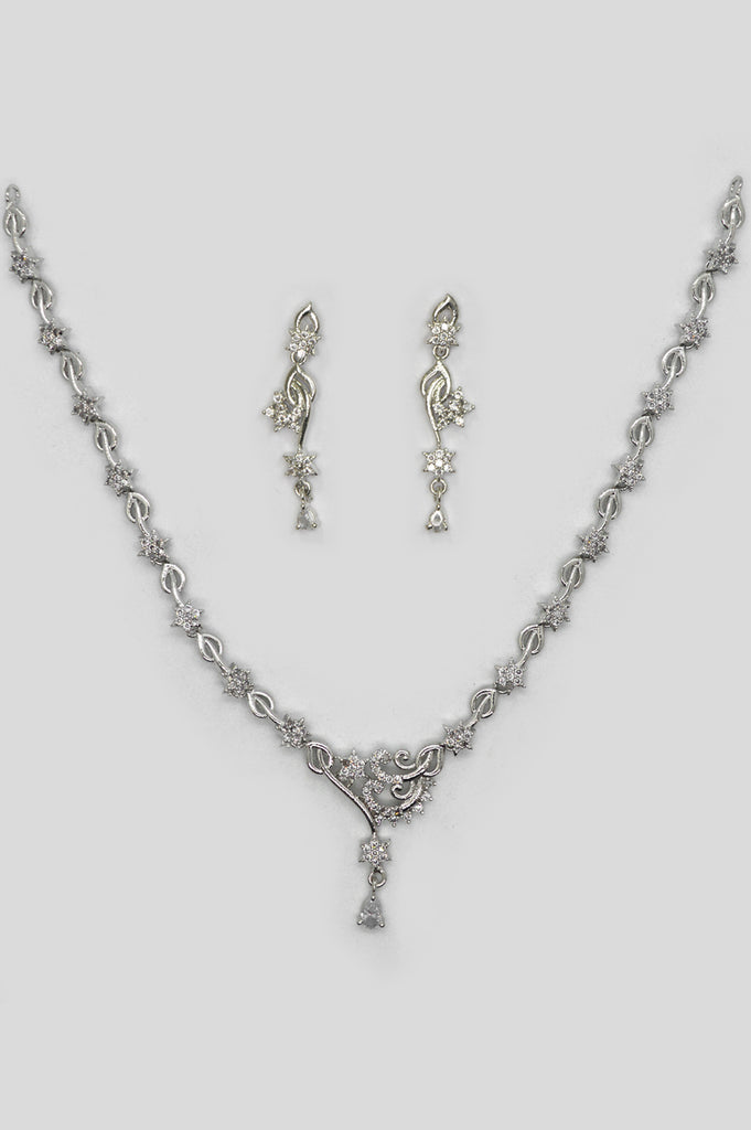 Silver Plated Classy American Diamond Studded AD Necklace with Earrings Online