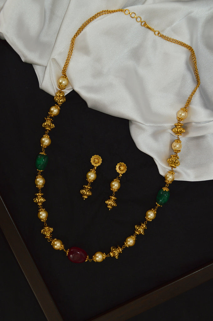Pearls with Stones Studded Gold Plated Necklace Set with Earrings