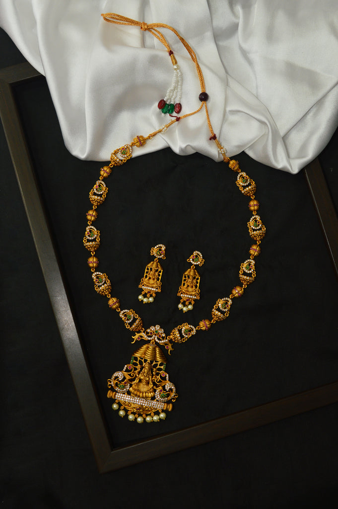 Gold Plated Laxmi Pendant Necklace Set with Earrings - Lakshmi Devi gold pendant with price