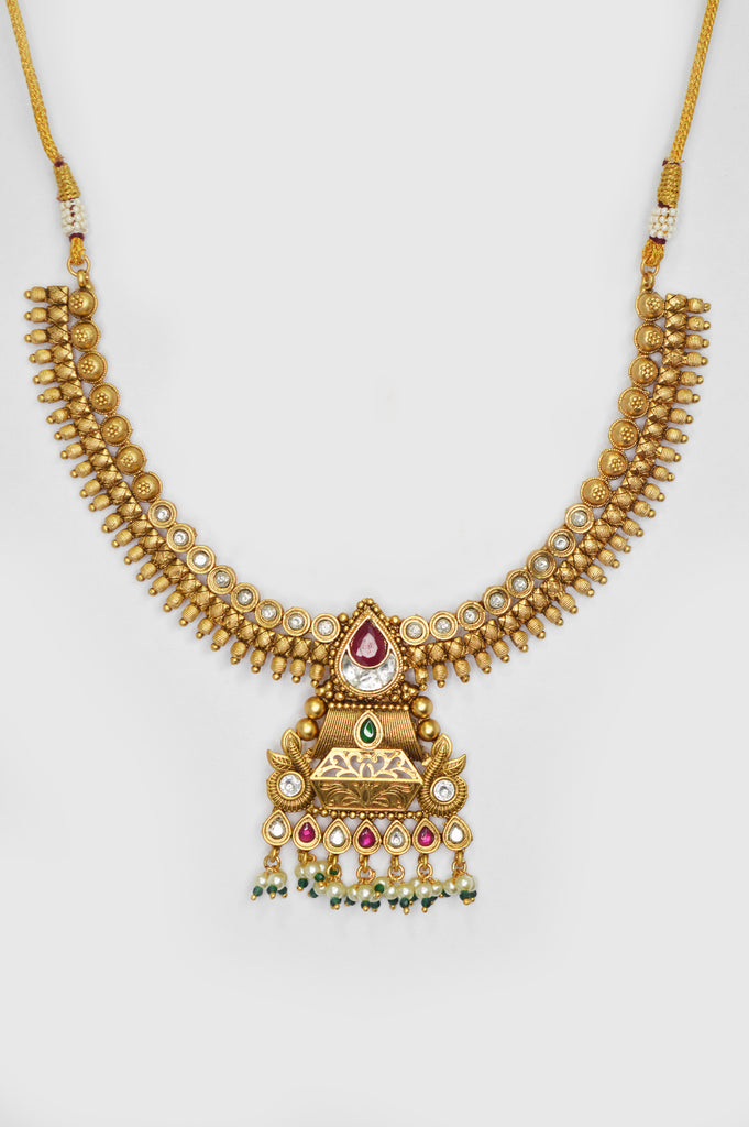 Antique Gold Plated Temple Necklace - Designer Temple Jewellery Set
