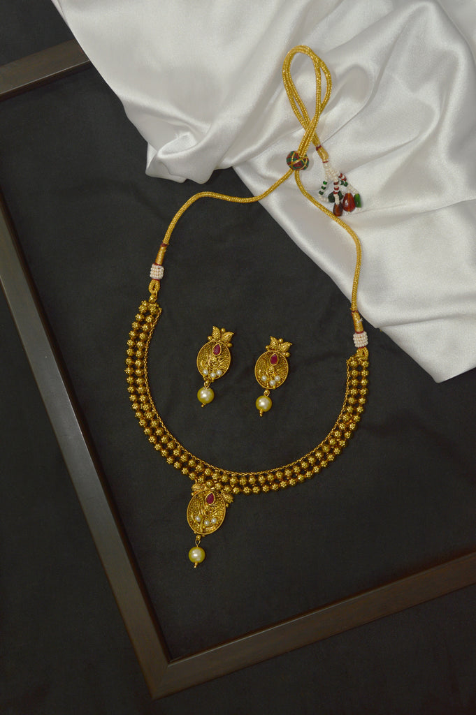 Gold Plated Antique Choker Maharashtrian Tushi Necklace Set - Necklace Pics