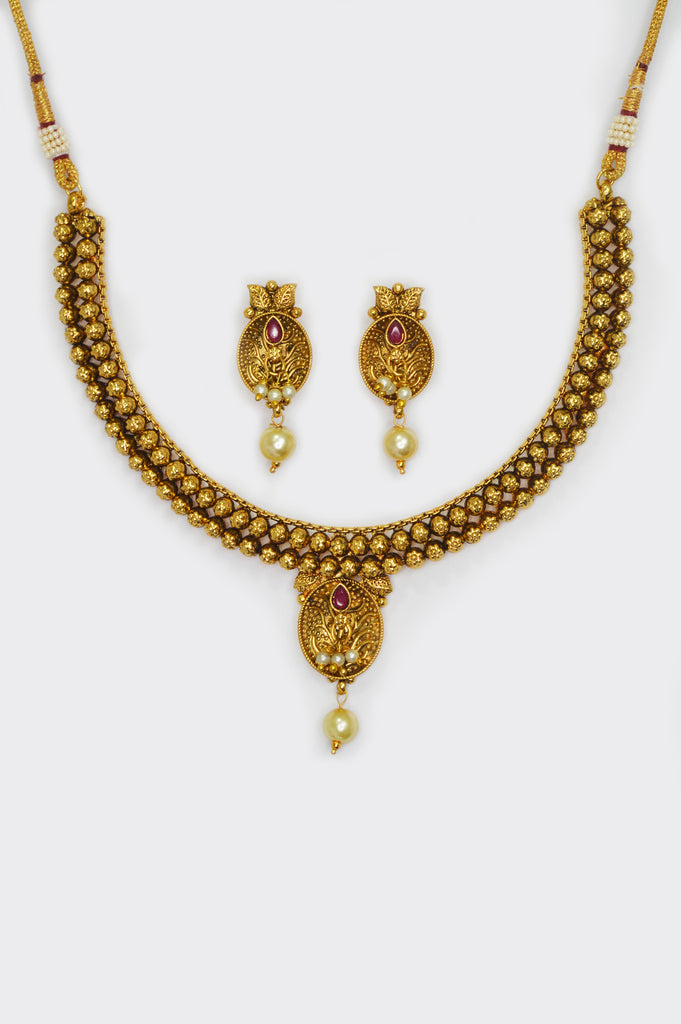 Gold Plated Antique Choker Maharashtrian Tushi Necklace Set - Marathi Wedding Jewelry