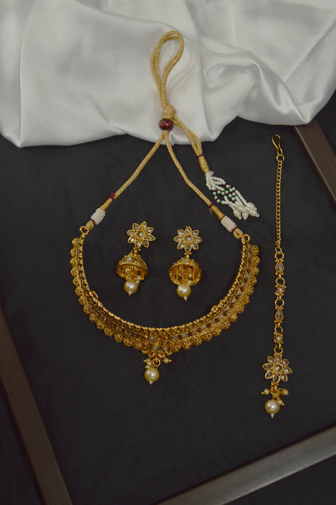 Gold Plated Traditional Antique Choker Necklace Set - Ladies Gale Ke Set