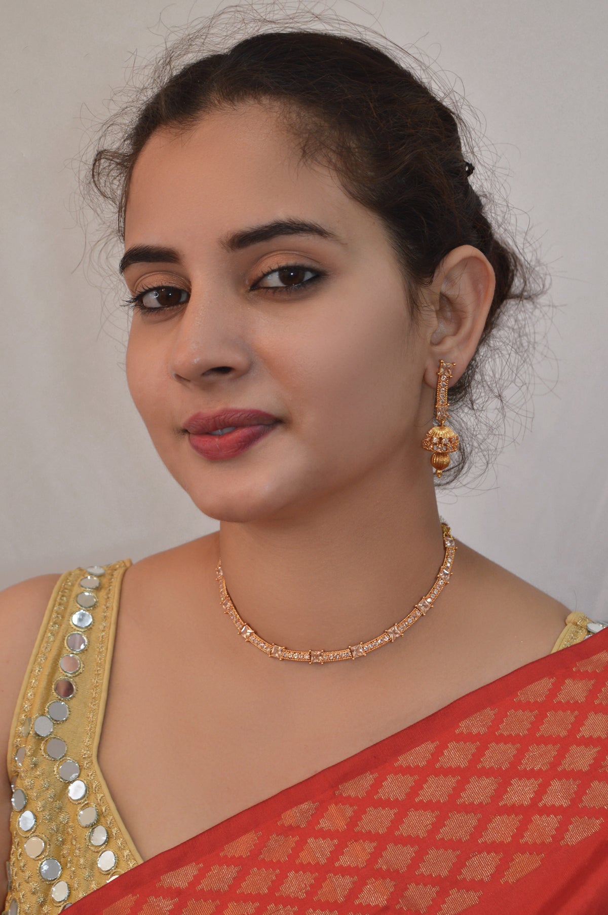 Zircon Stones Studded Gold Plated Choker Necklace Set - Necklace Pics