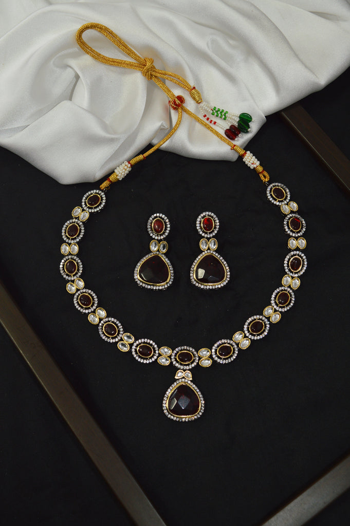 Sepia Polki Kundan Necklace Set - Artificial Polki Jewellery Online