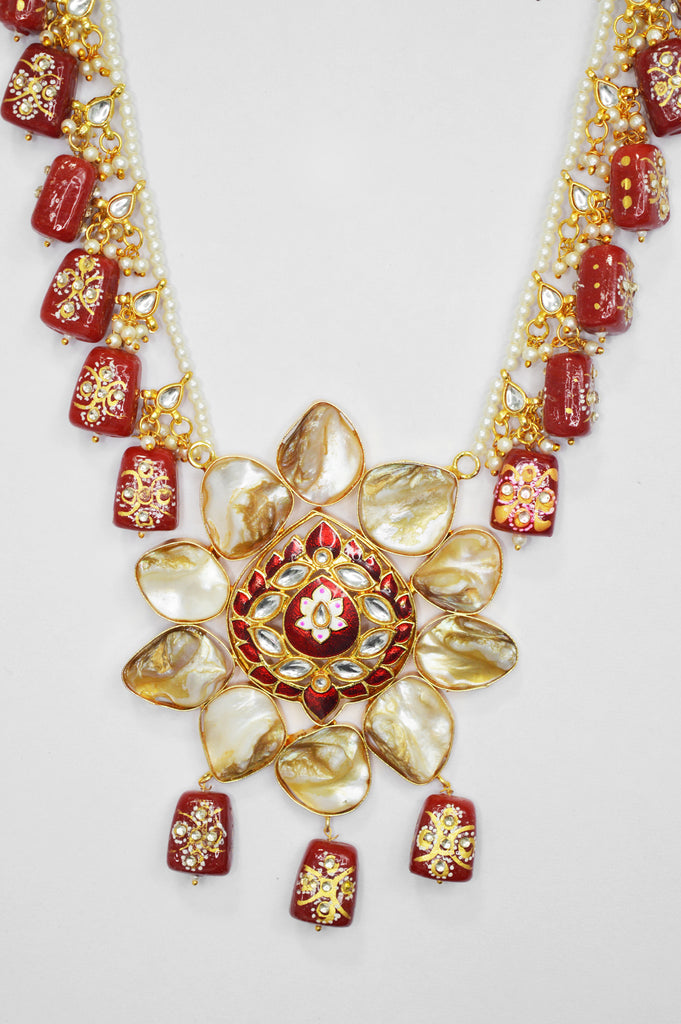 Vermilion Onyx Stones Meenakari Necklace Set - Traditional Indian Necklace Designs