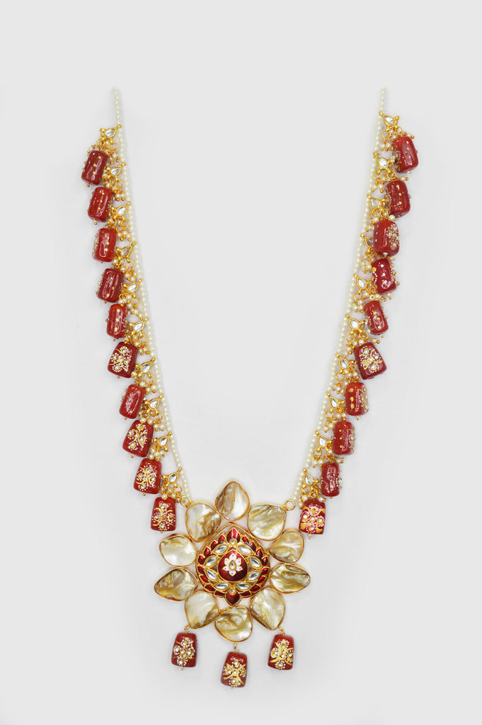 Vermilion Onyx Stones Meenakari Necklace Set - Jewellery Design Necklace