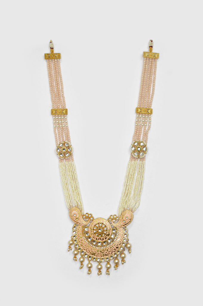 Peach Kundan with Pearl Meenakari Necklace Online - Long Necklace